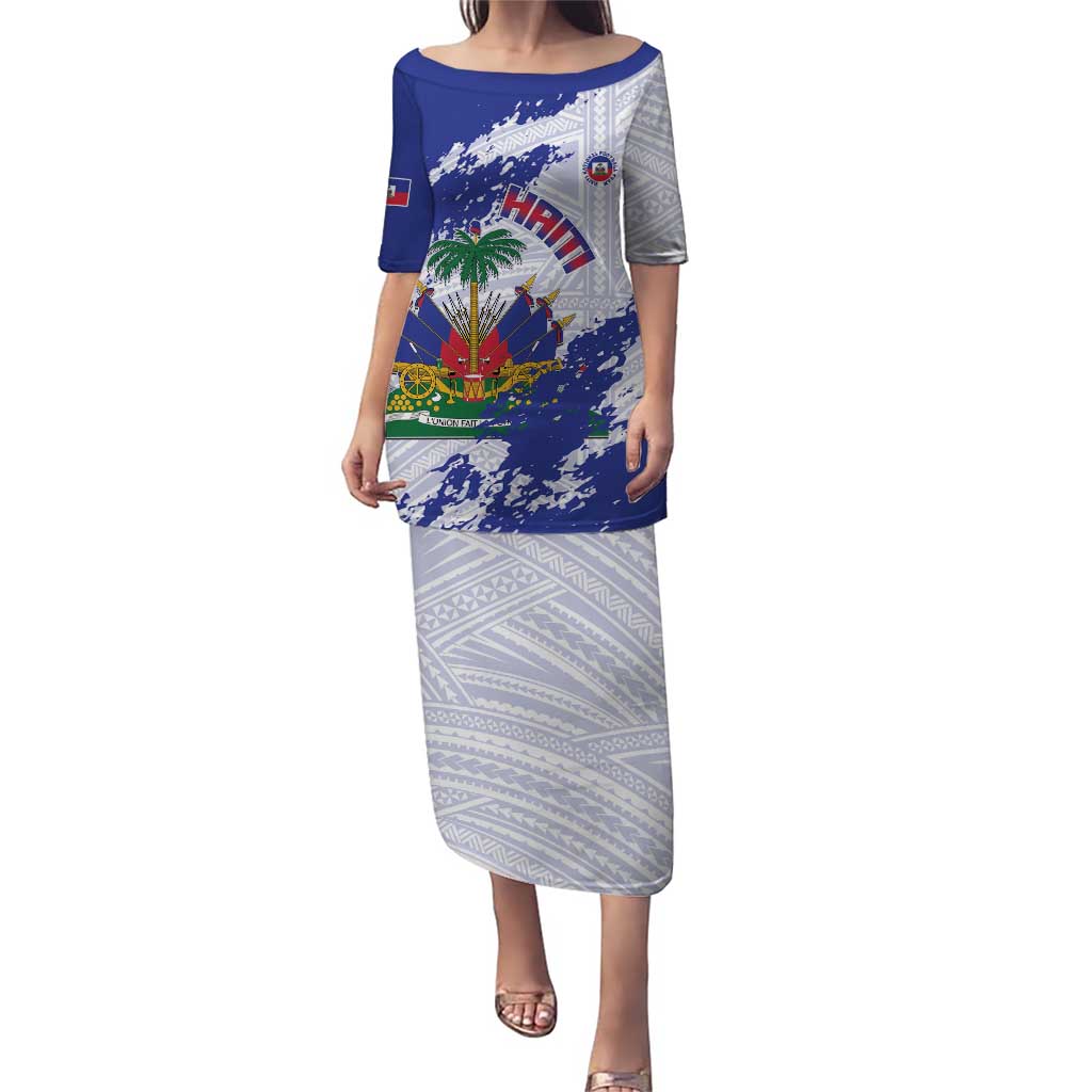 Custom Haiti Football Puletasi Les Grenadiers Blue Grunge Polynesian Tattoo - Wonder Print Shop