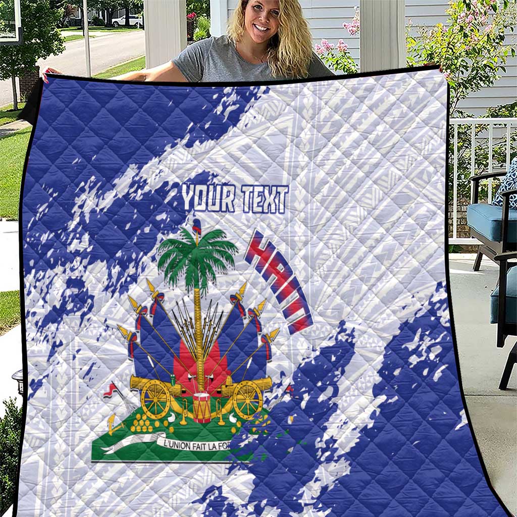 Custom Haiti Football Quilt Les Grenadiers Blue Grunge Polynesian Tattoo - Wonder Print Shop