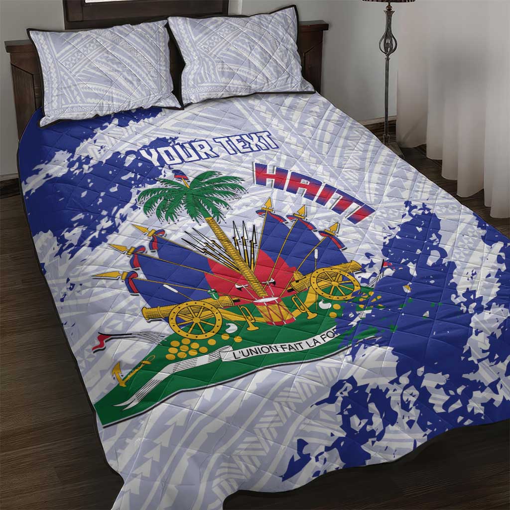 Custom Haiti Football Quilt Bed Set Les Grenadiers Blue Grunge Polynesian Tattoo - Wonder Print Shop