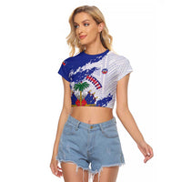 Custom Haiti Football Raglan Cropped T Shirt Les Grenadiers Blue Grunge Polynesian Tattoo - Wonder Print Shop