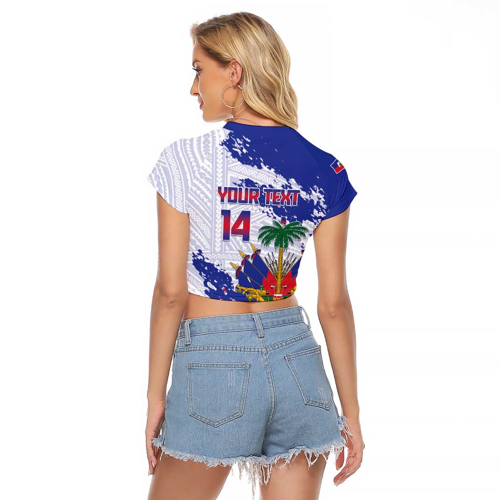 Custom Haiti Football Raglan Cropped T Shirt Les Grenadiers Blue Grunge Polynesian Tattoo - Wonder Print Shop