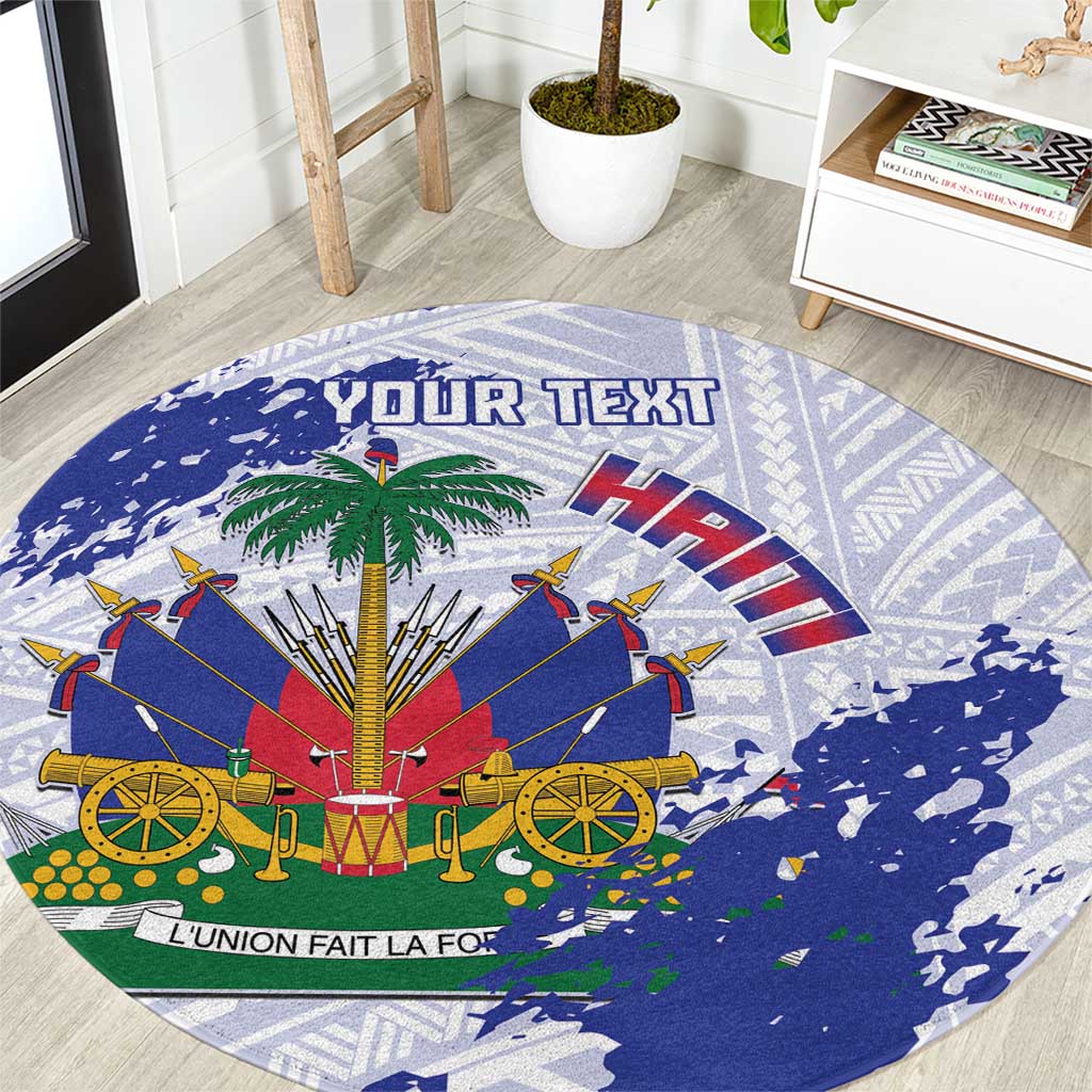 Custom Haiti Football Round Carpet Les Grenadiers Blue Grunge Polynesian Tattoo - Wonder Print Shop