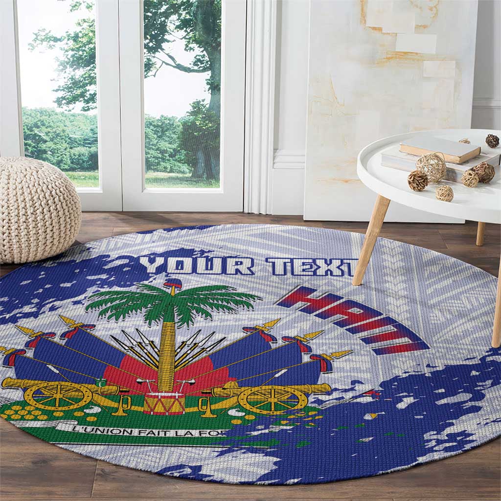Custom Haiti Football Round Carpet Les Grenadiers Blue Grunge Polynesian Tattoo - Wonder Print Shop
