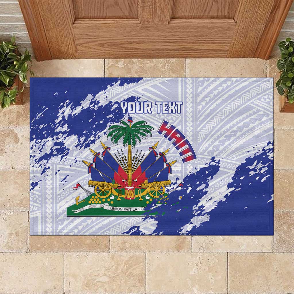 Custom Haiti Football Rubber Doormat Les Grenadiers Blue Grunge Polynesian Tattoo - Wonder Print Shop