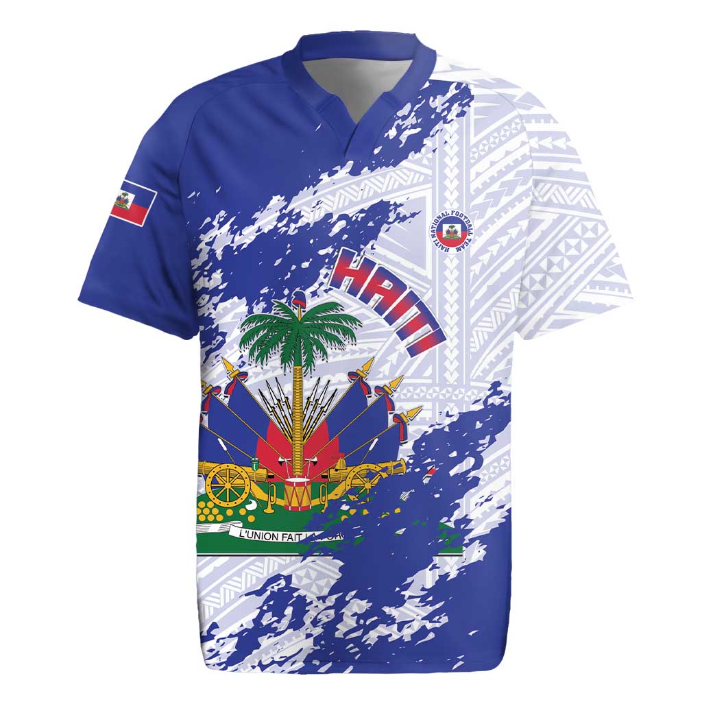 Custom Haiti Football Rugby Jersey Les Grenadiers Blue Grunge Polynesian Tattoo - Wonder Print Shop