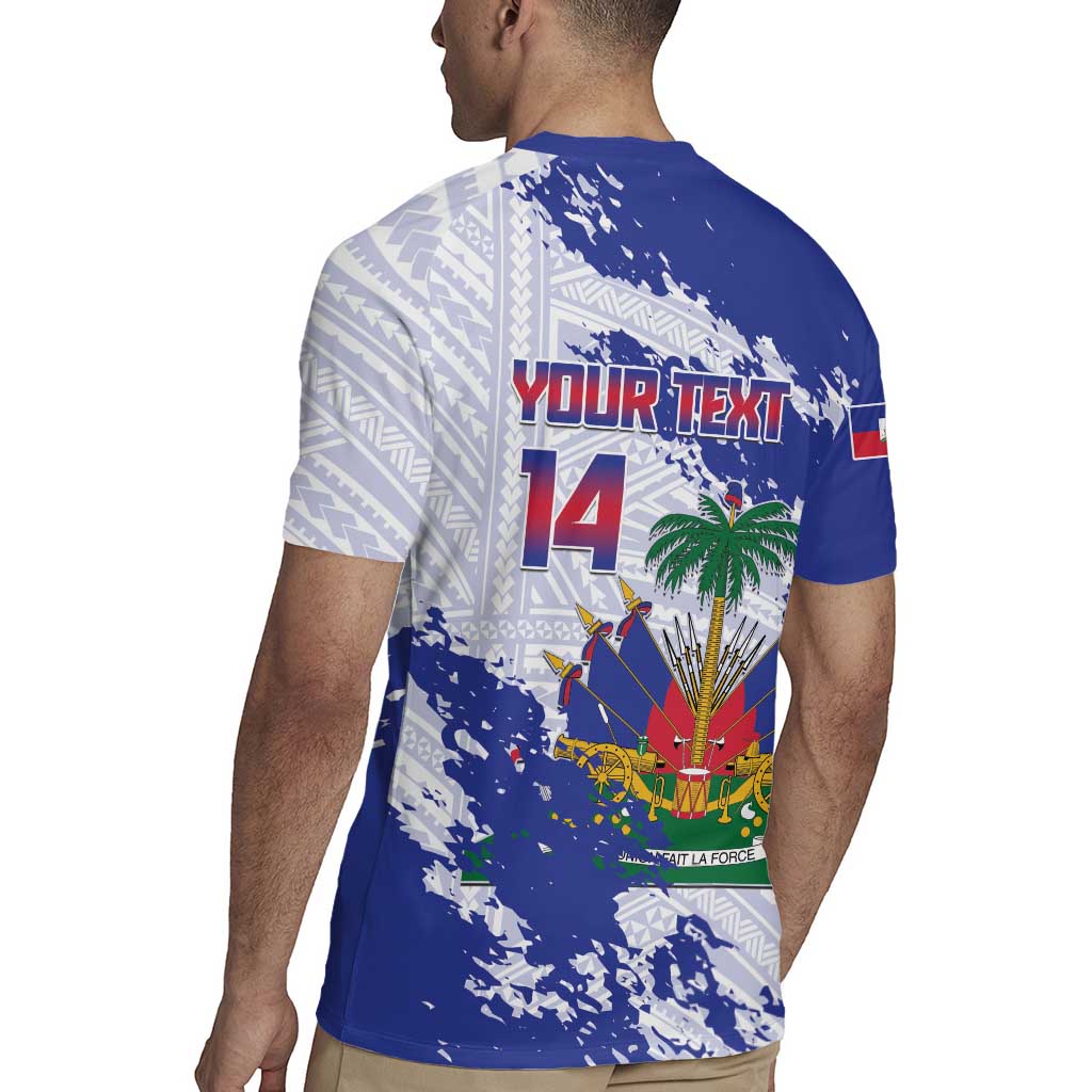 Custom Haiti Football Rugby Jersey Les Grenadiers Blue Grunge Polynesian Tattoo - Wonder Print Shop