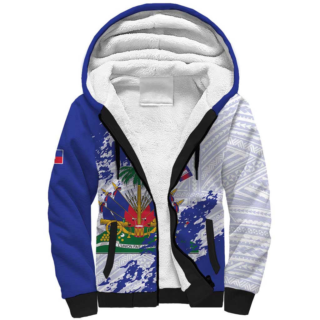 Custom Haiti Football Sherpa Hoodie Les Grenadiers Blue Grunge Polynesian Tattoo - Wonder Print Shop