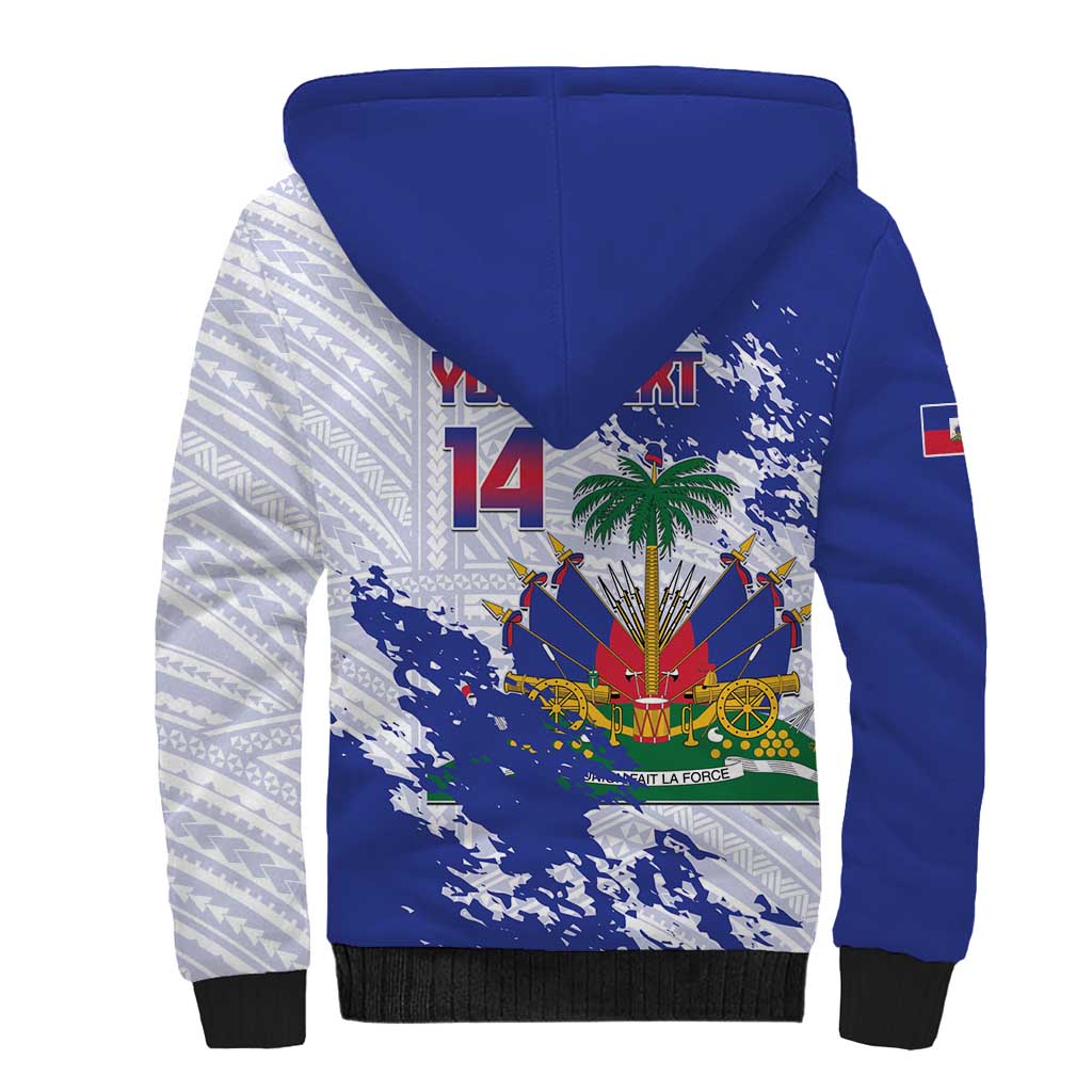 Custom Haiti Football Sherpa Hoodie Les Grenadiers Blue Grunge Polynesian Tattoo - Wonder Print Shop