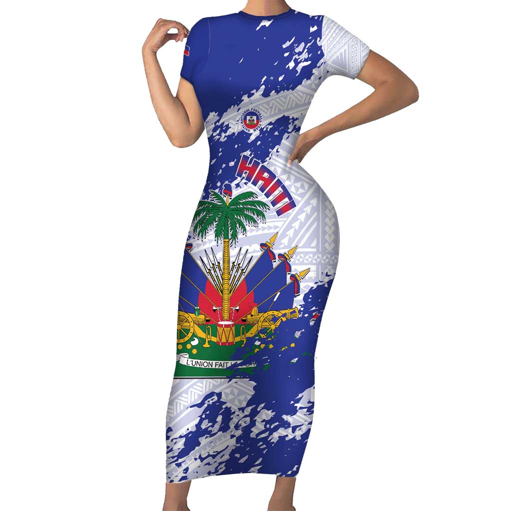 Custom Haiti Football Short Sleeve Bodycon Dress Les Grenadiers Blue Grunge Polynesian Tattoo - Wonder Print Shop