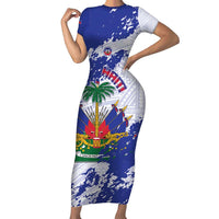 Custom Haiti Football Short Sleeve Bodycon Dress Les Grenadiers Blue Grunge Polynesian Tattoo - Wonder Print Shop