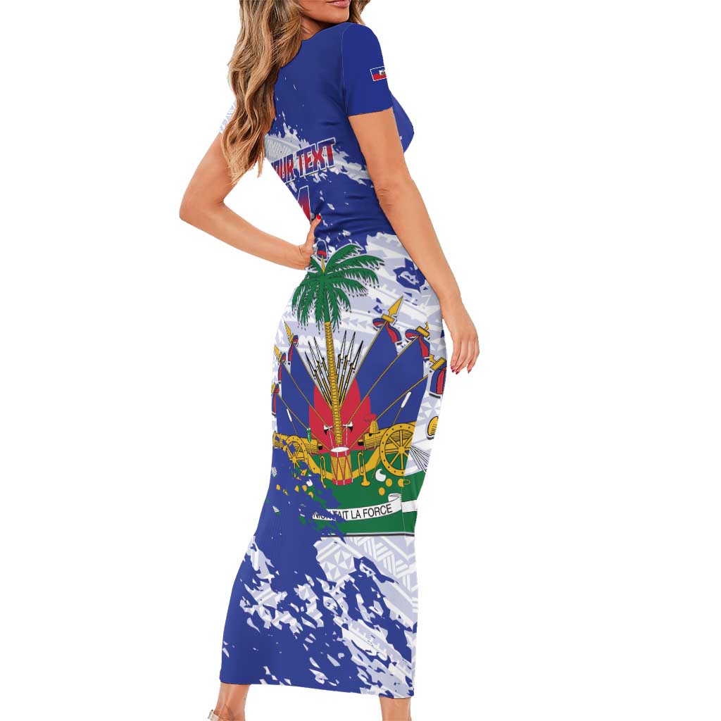 Custom Haiti Football Short Sleeve Bodycon Dress Les Grenadiers Blue Grunge Polynesian Tattoo - Wonder Print Shop