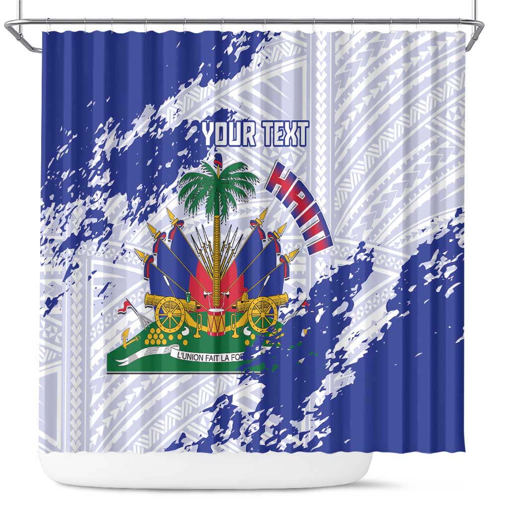 Custom Haiti Football Shower Curtain Les Grenadiers Blue Grunge Polynesian Tattoo - Wonder Print Shop