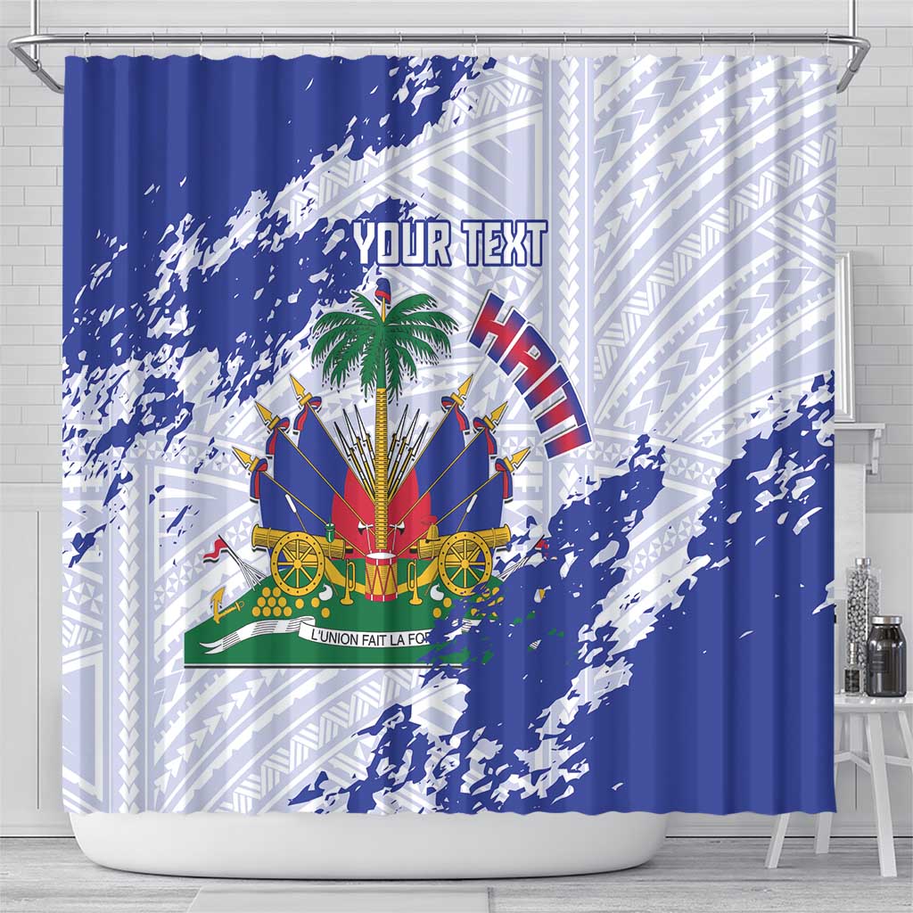 Custom Haiti Football Shower Curtain Les Grenadiers Blue Grunge Polynesian Tattoo - Wonder Print Shop