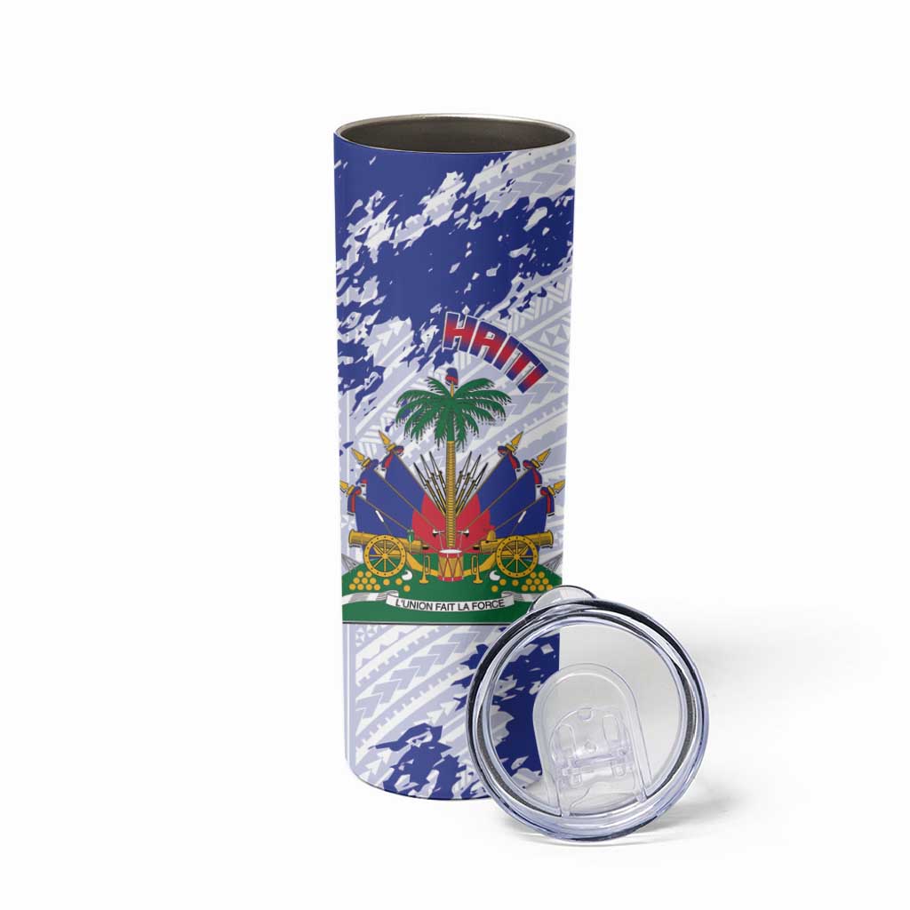Custom Haiti Football Skinny Tumbler Les Grenadiers Blue Grunge Polynesian Tattoo - Wonder Print Shop