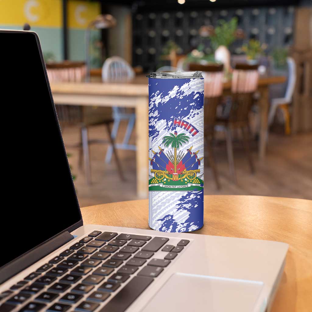 Custom Haiti Football Skinny Tumbler Les Grenadiers Blue Grunge Polynesian Tattoo - Wonder Print Shop