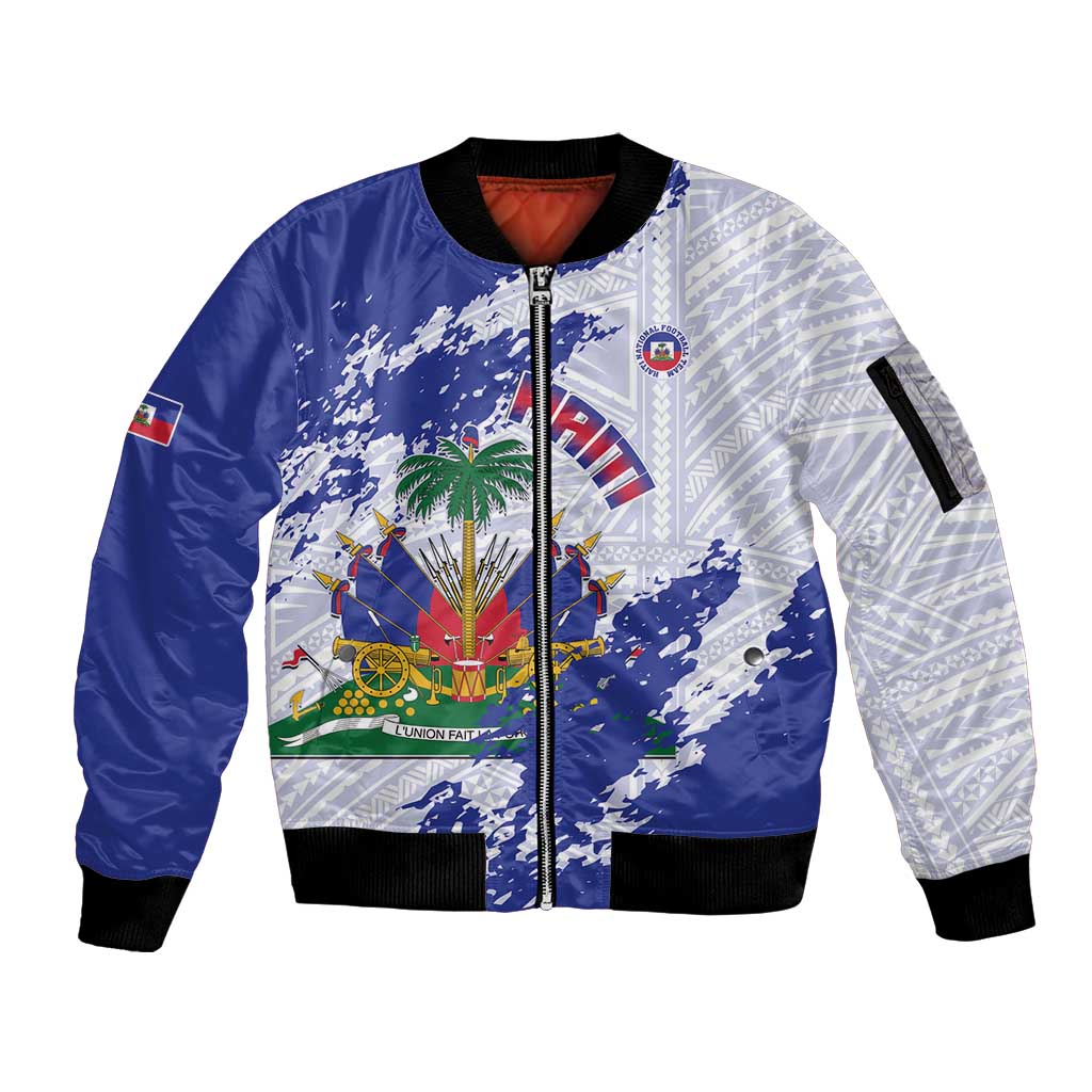 Custom Haiti Football Sleeve Zip Bomber Jacket Les Grenadiers Blue Grunge Polynesian Tattoo - Wonder Print Shop
