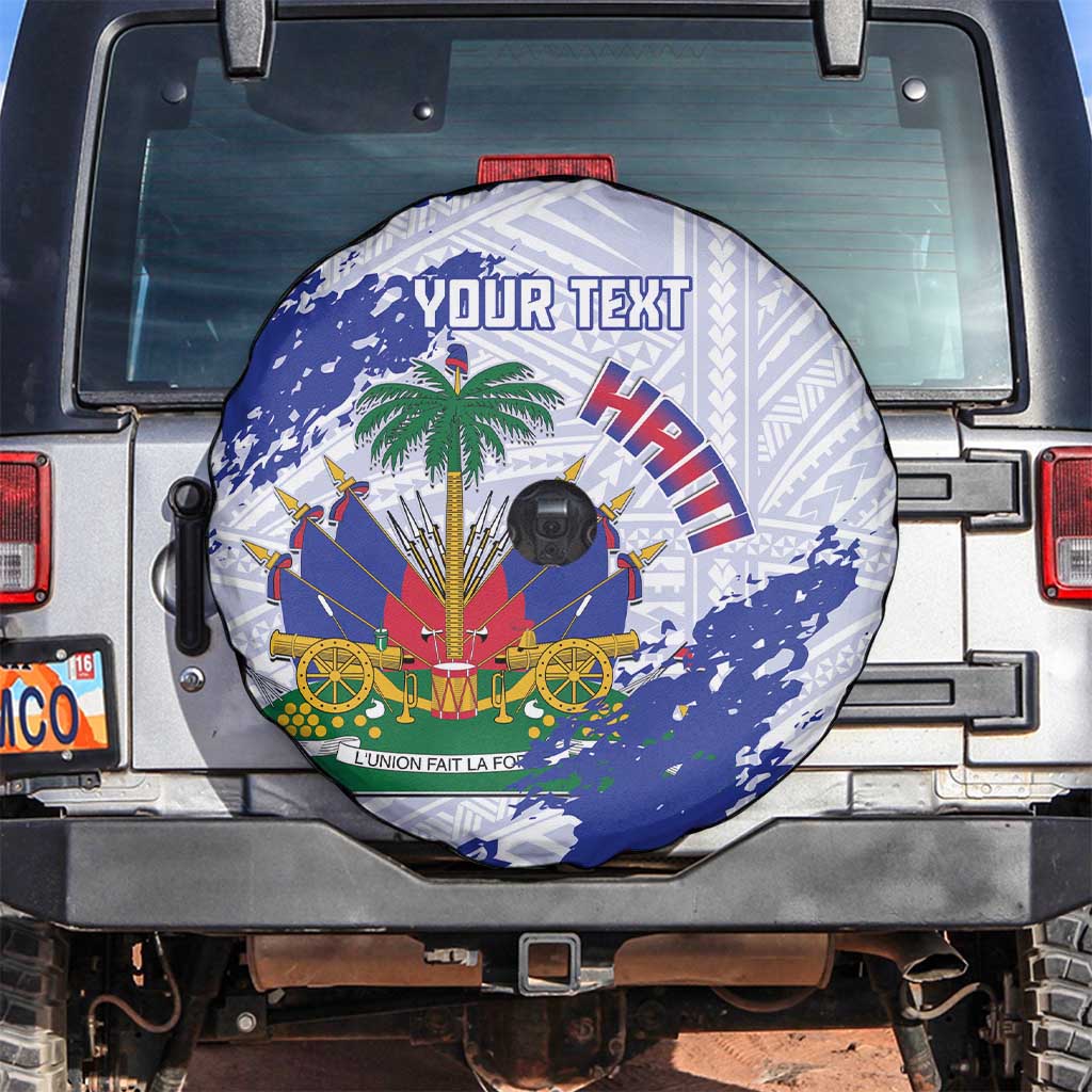 Custom Haiti Football Spare Tire Cover Les Grenadiers Blue Grunge Polynesian Tattoo - Wonder Print Shop