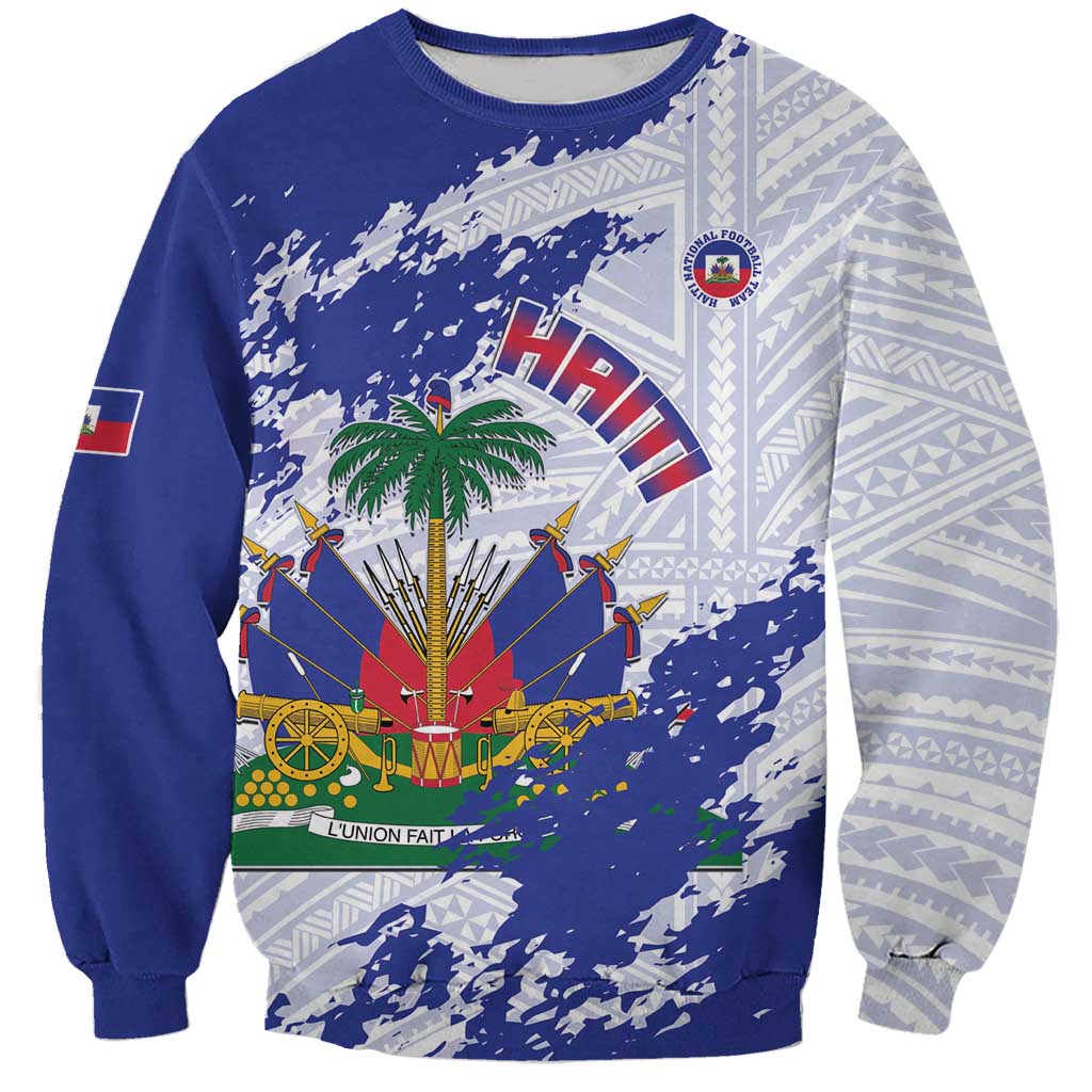 Custom Haiti Football Sweatshirt Les Grenadiers Blue Grunge Polynesian Tattoo - Wonder Print Shop