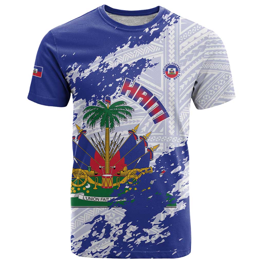 Custom Haiti Football T Shirt Les Grenadiers Blue Grunge Polynesian Tattoo - Wonder Print Shop