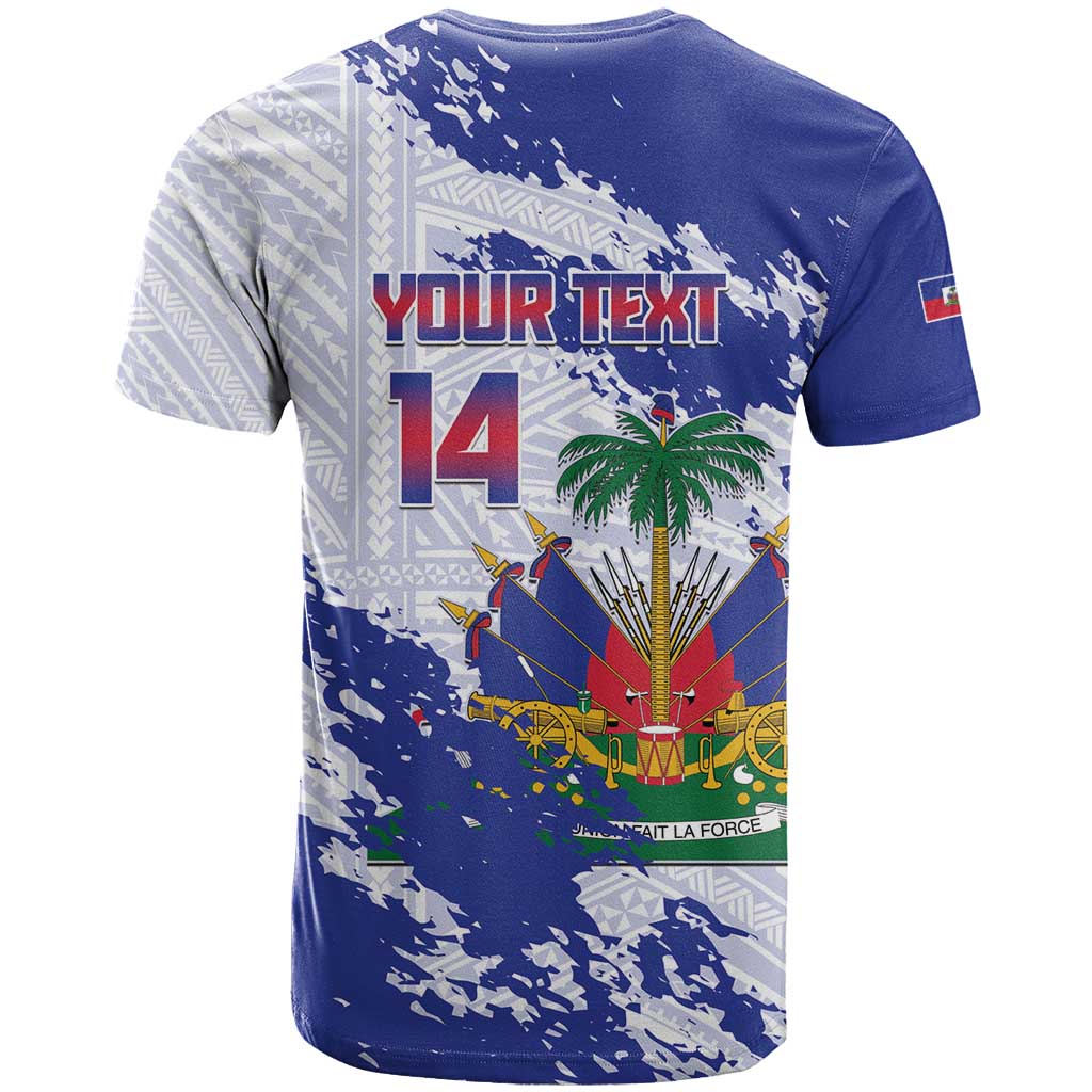 Custom Haiti Football T Shirt Les Grenadiers Blue Grunge Polynesian Tattoo - Wonder Print Shop