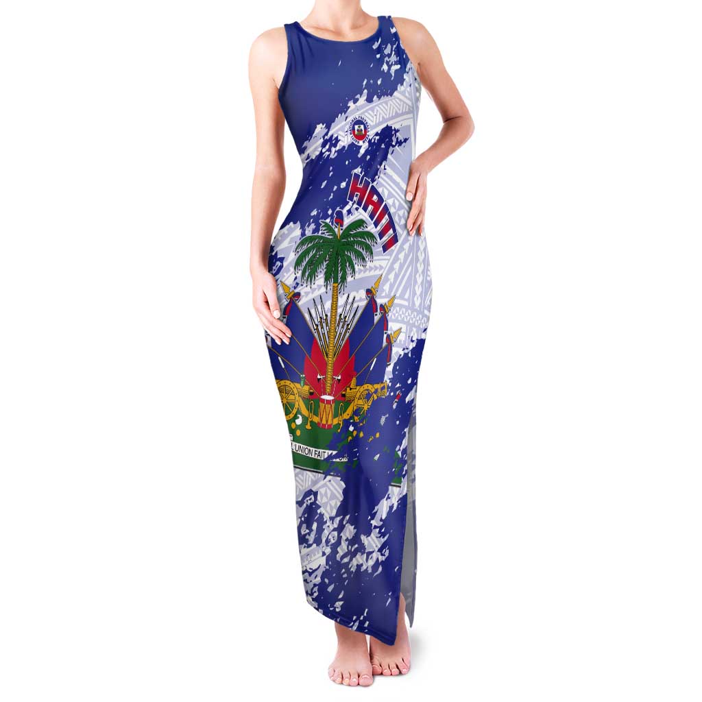 Custom Haiti Football Tank Maxi Dress Les Grenadiers Blue Grunge Polynesian Tattoo - Wonder Print Shop