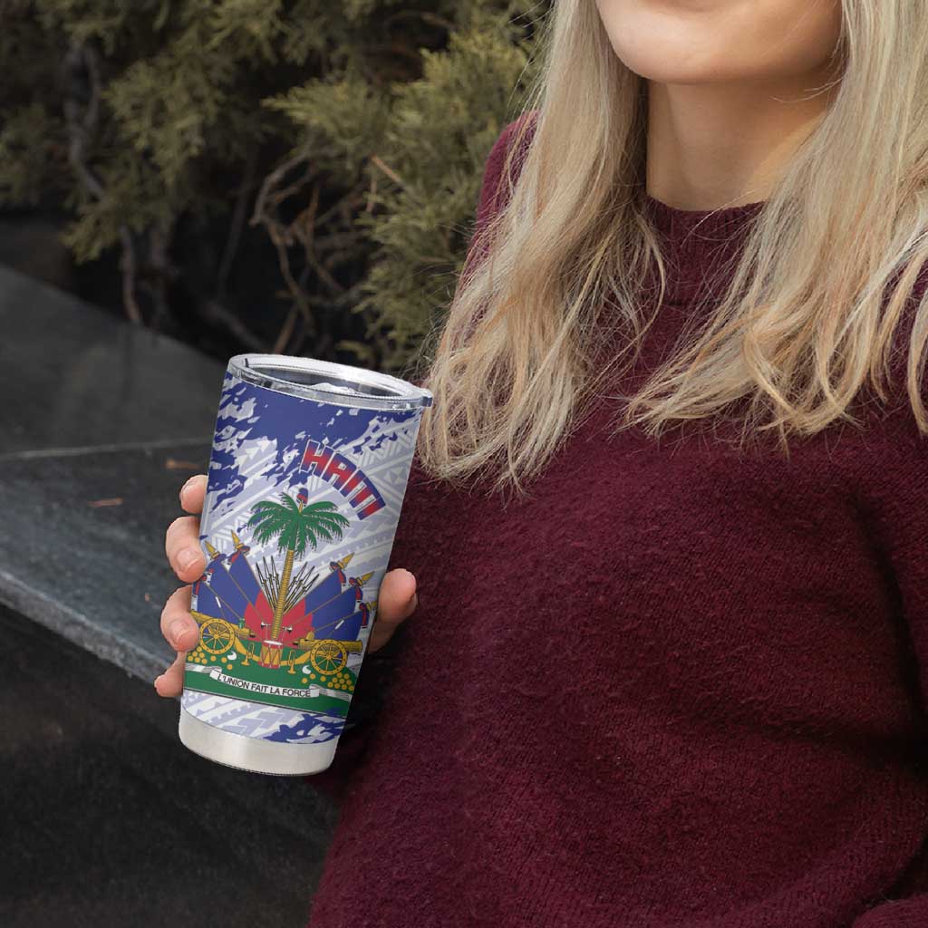 Custom Haiti Football Tumbler Cup Les Grenadiers Blue Grunge Polynesian Tattoo - Wonder Print Shop