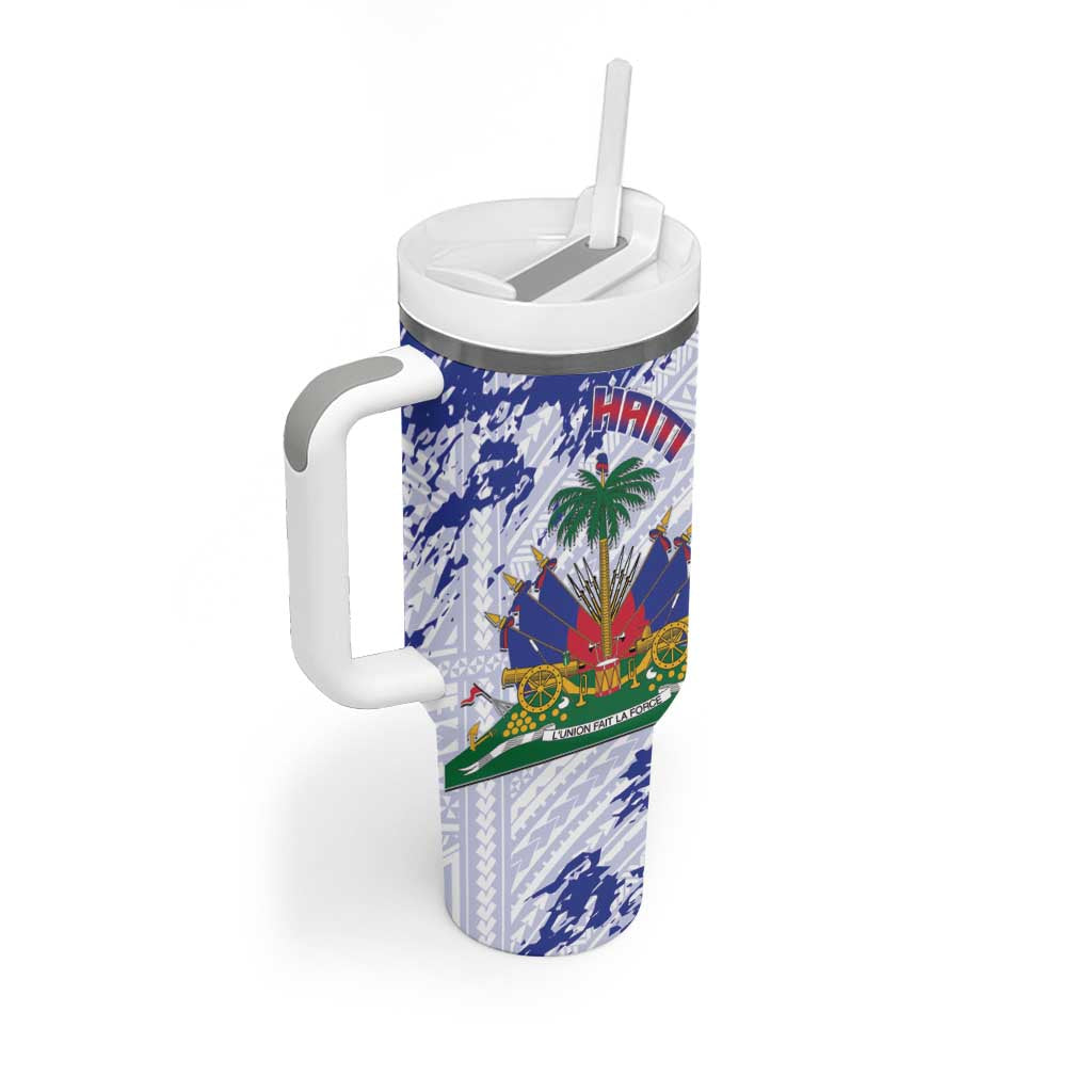 Custom Haiti Football Tumbler With Handle Les Grenadiers Blue Grunge Polynesian Tattoo - Wonder Print Shop