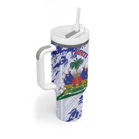 Custom Haiti Football Tumbler With Handle Les Grenadiers Blue Grunge Polynesian Tattoo - Wonder Print Shop