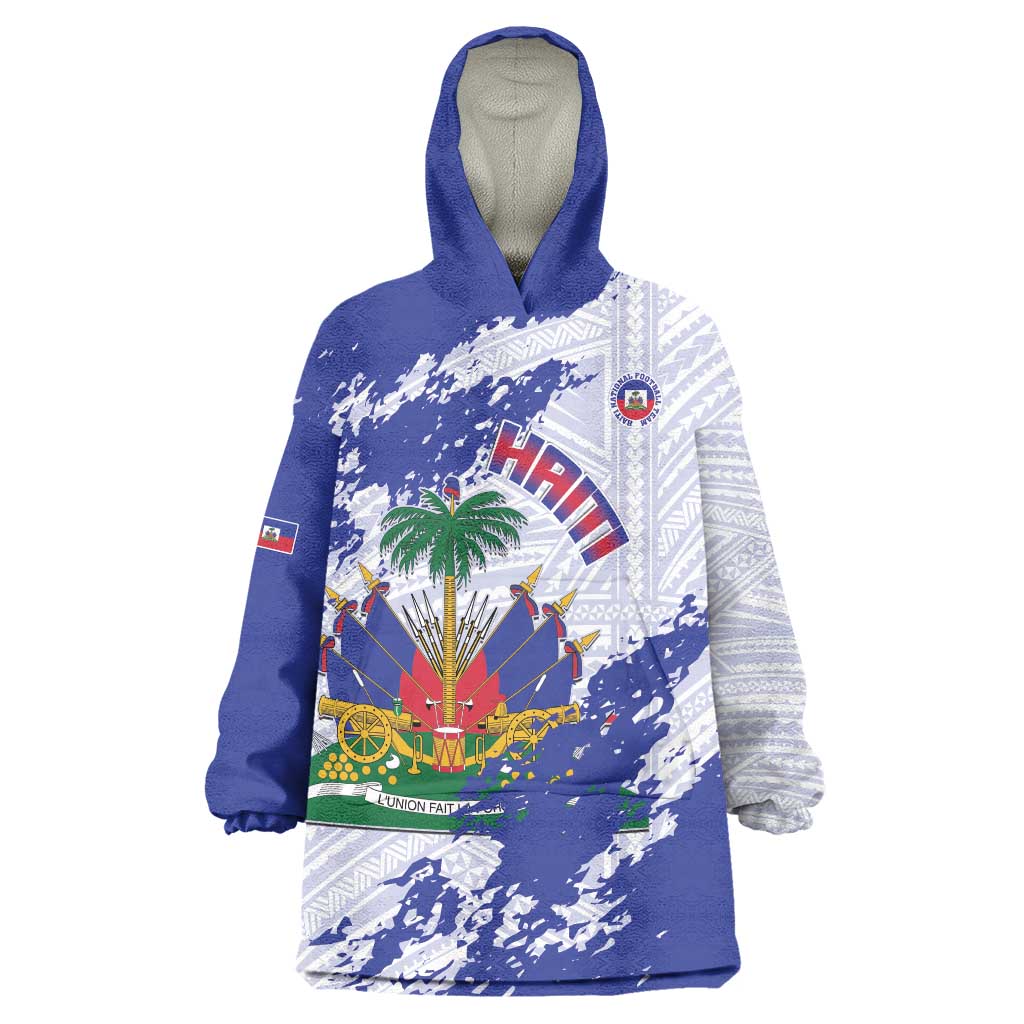 Custom Haiti Football Wearable Blanket Hoodie Les Grenadiers Blue Grunge Polynesian Tattoo - Wonder Print Shop