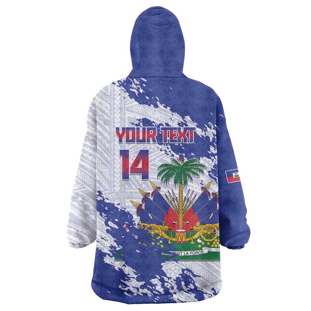 Custom Haiti Football Wearable Blanket Hoodie Les Grenadiers Blue Grunge Polynesian Tattoo - Wonder Print Shop