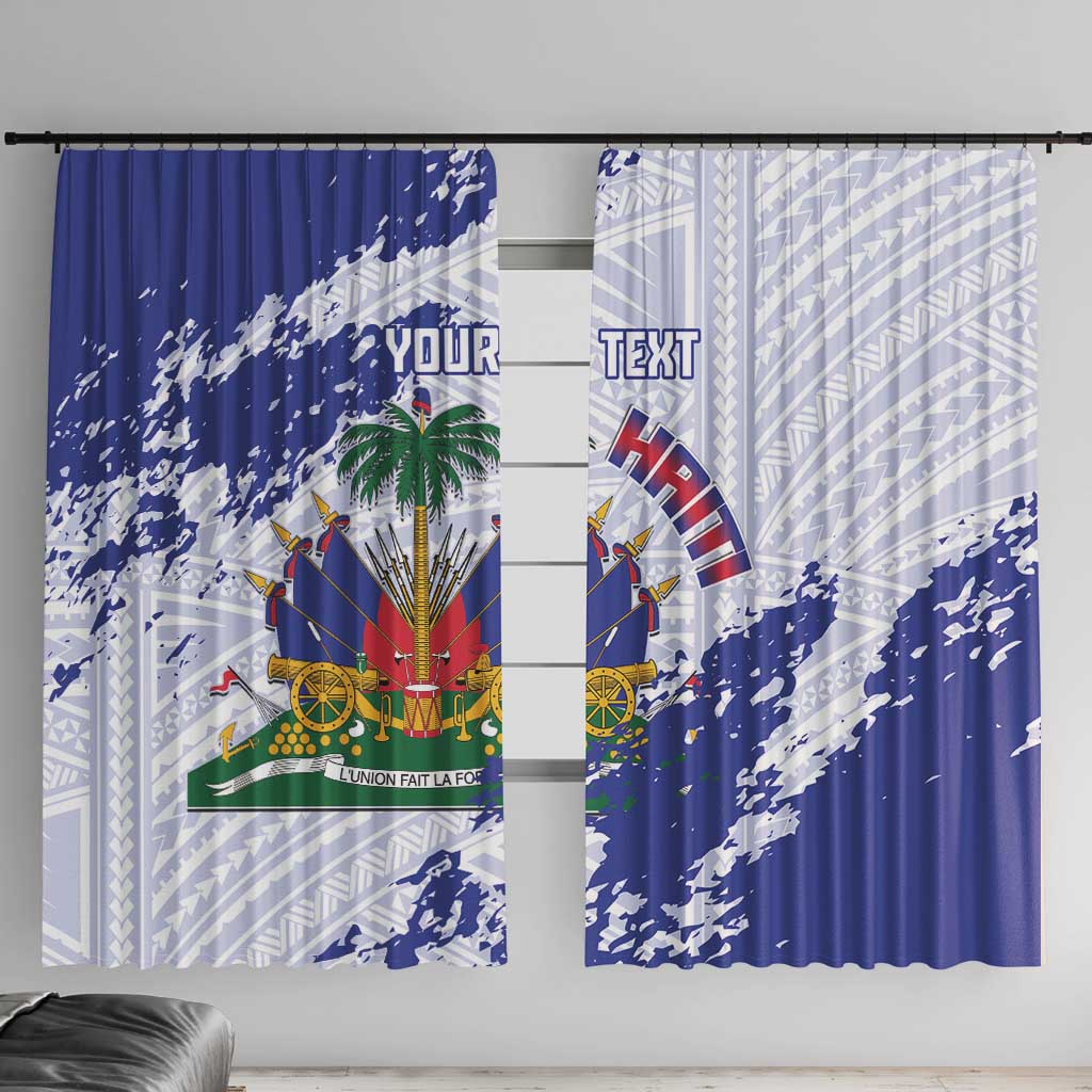 Custom Haiti Football Window Curtain Les Grenadiers Blue Grunge Polynesian Tattoo - Wonder Print Shop