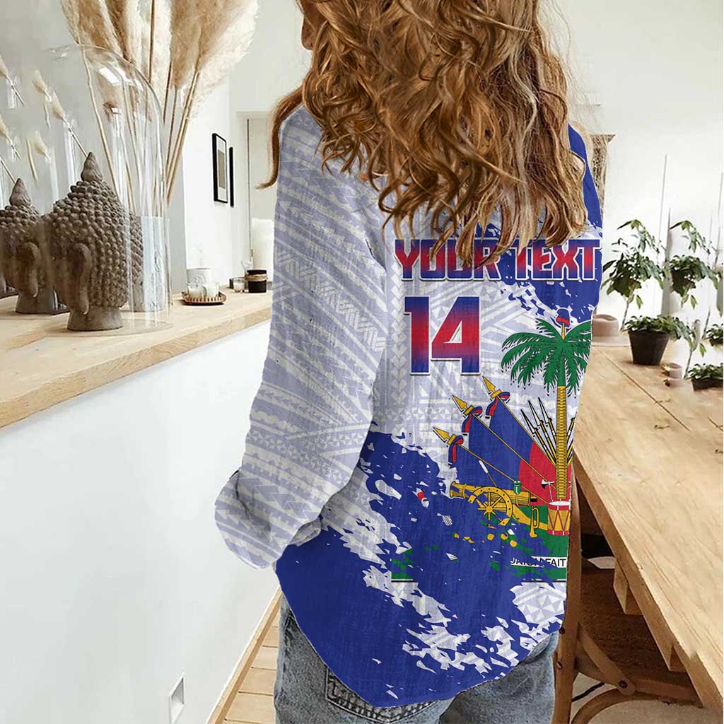 Custom Haiti Football Women Casual Shirt Les Grenadiers Blue Grunge Polynesian Tattoo - Wonder Print Shop