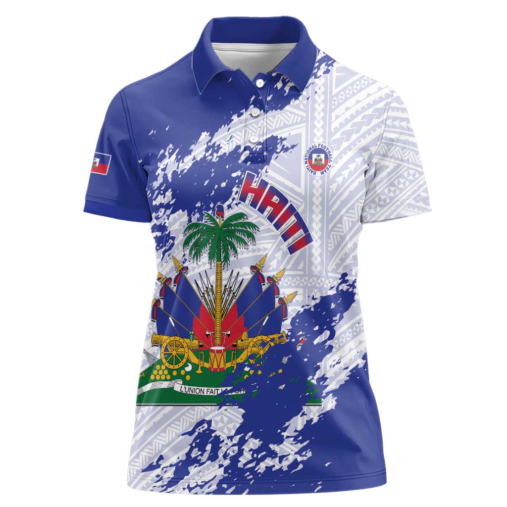Custom Haiti Football Women Polo Shirt Les Grenadiers Blue Grunge Polynesian Tattoo - Wonder Print Shop