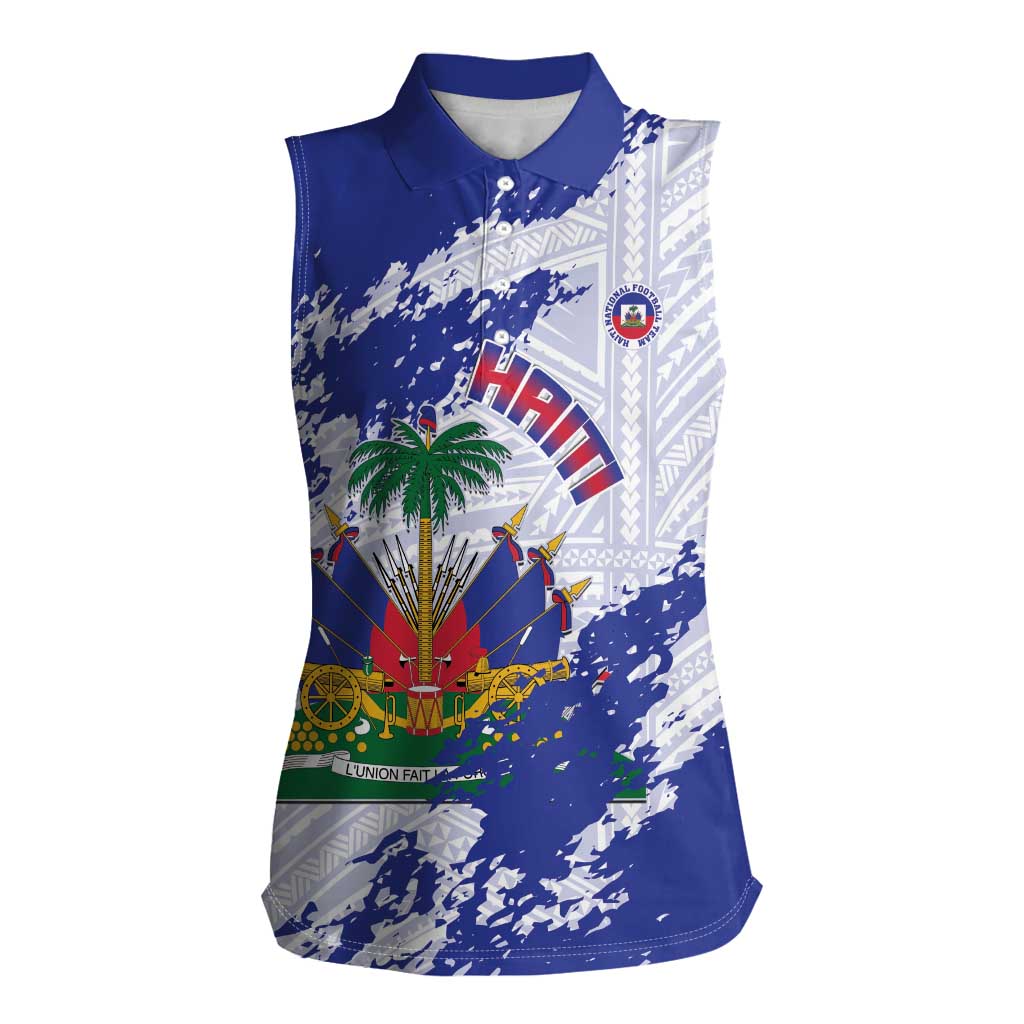 Custom Haiti Football Women Sleeveless Polo Shirt Les Grenadiers Blue Grunge Polynesian Tattoo - Wonder Print Shop