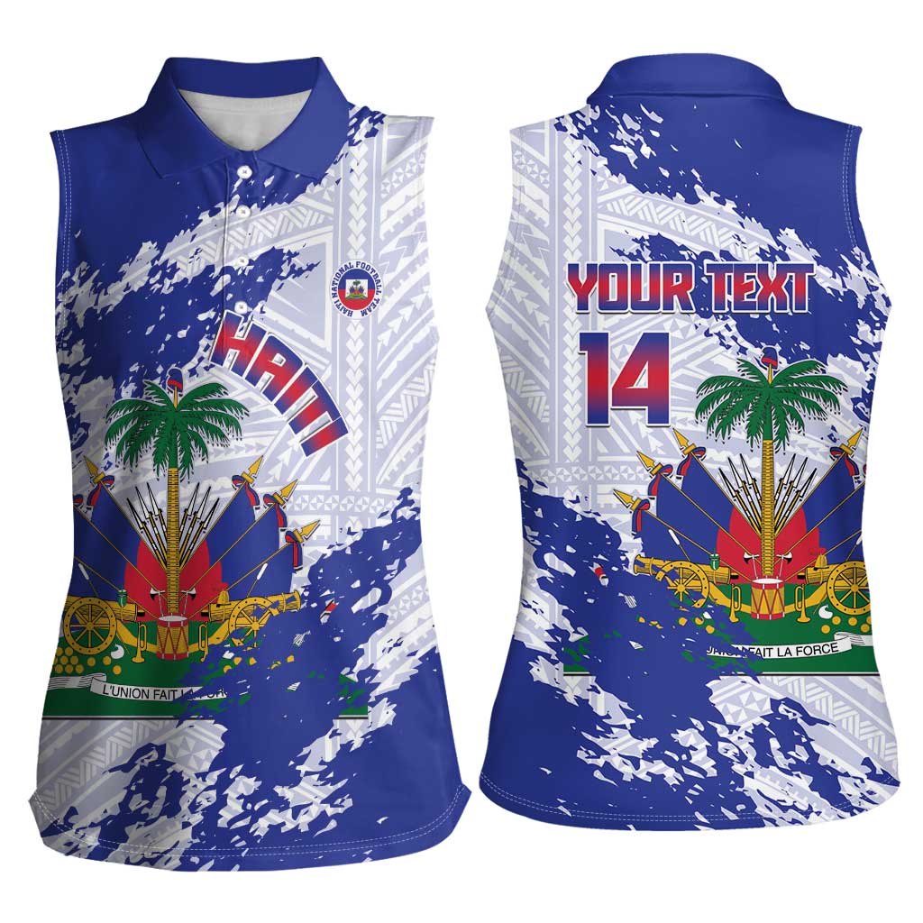 Custom Haiti Football Women Sleeveless Polo Shirt Les Grenadiers Blue Grunge Polynesian Tattoo - Wonder Print Shop