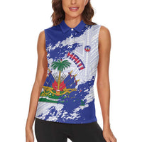 Custom Haiti Football Women Sleeveless Polo Shirt Les Grenadiers Blue Grunge Polynesian Tattoo - Wonder Print Shop