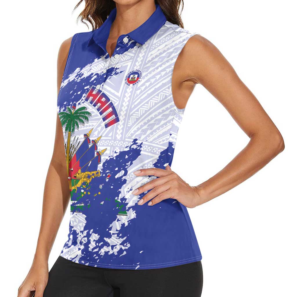 Custom Haiti Football Women Sleeveless Polo Shirt Les Grenadiers Blue Grunge Polynesian Tattoo - Wonder Print Shop