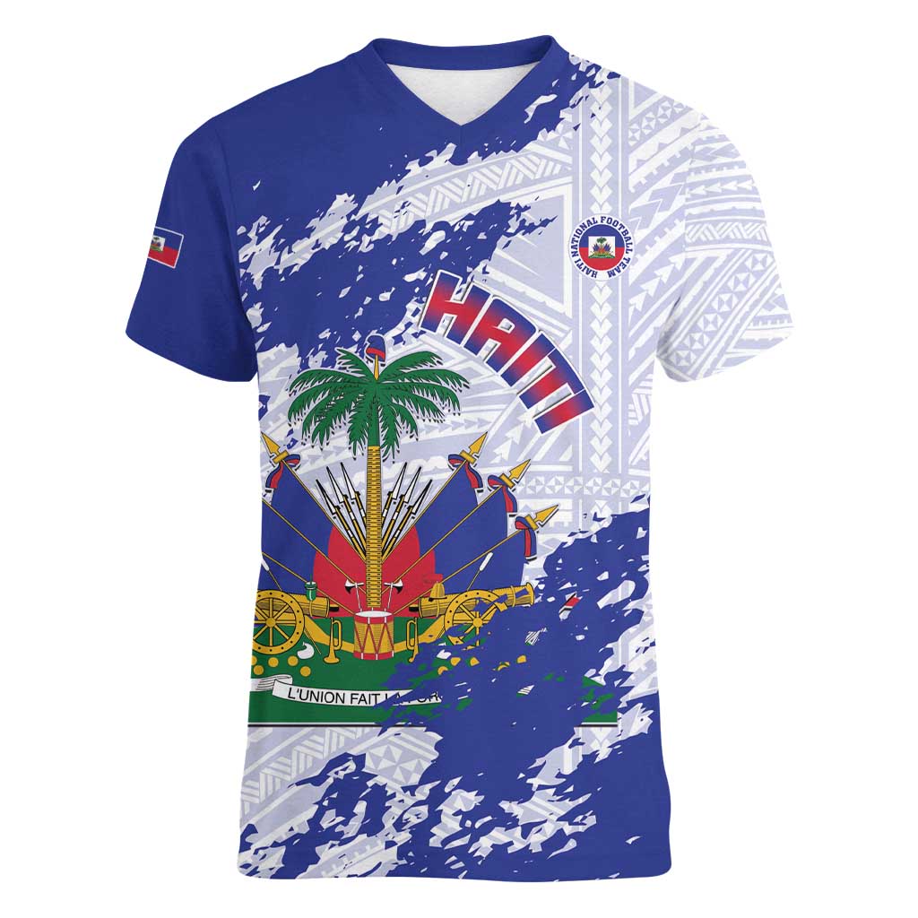 Custom Haiti Football Women V-Neck T-Shirt Les Grenadiers Blue Grunge Polynesian Tattoo - Wonder Print Shop