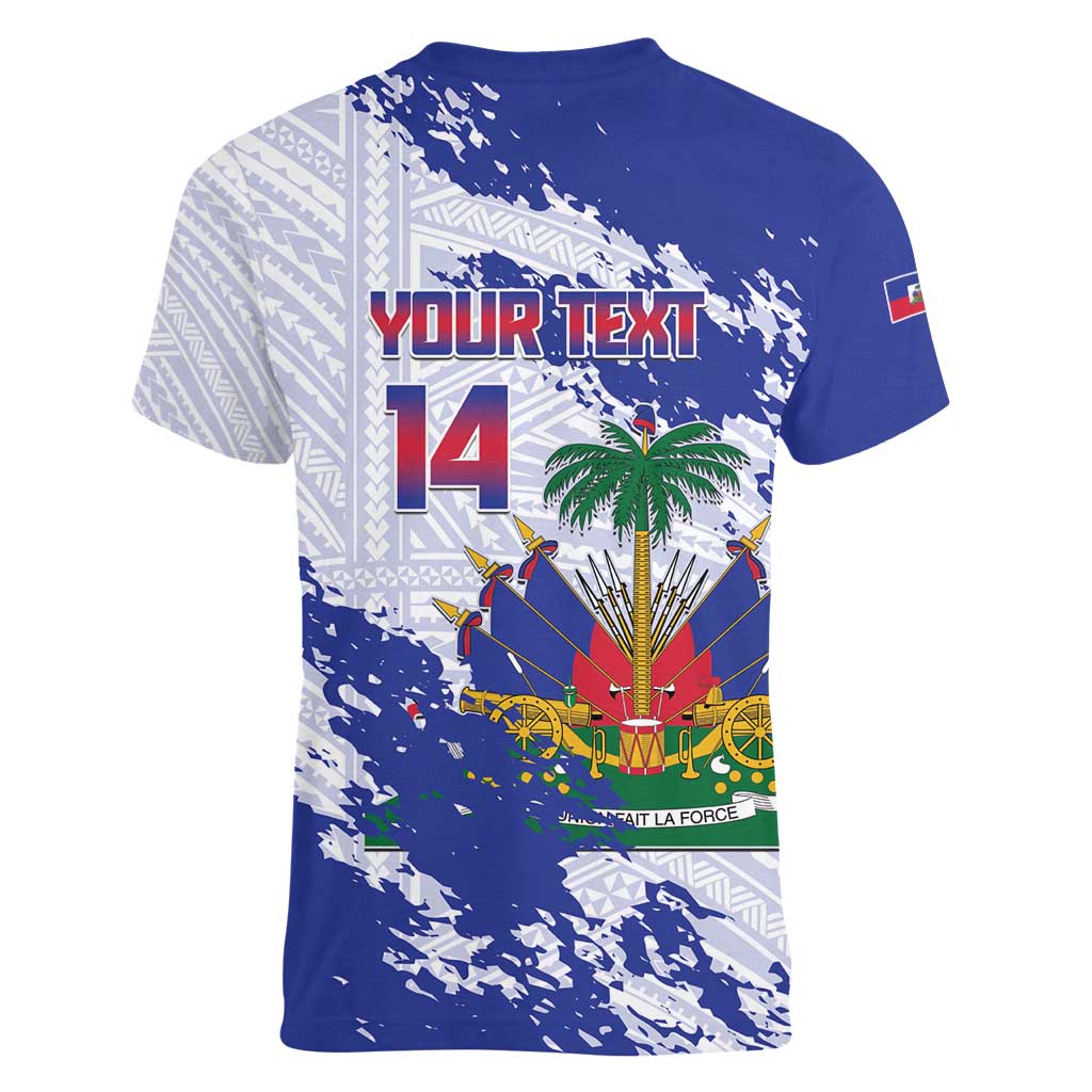 Custom Haiti Football Women V-Neck T-Shirt Les Grenadiers Blue Grunge Polynesian Tattoo - Wonder Print Shop