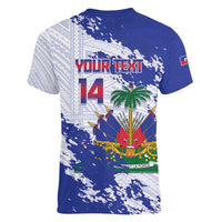 Custom Haiti Football Women V-Neck T-Shirt Les Grenadiers Blue Grunge Polynesian Tattoo - Wonder Print Shop