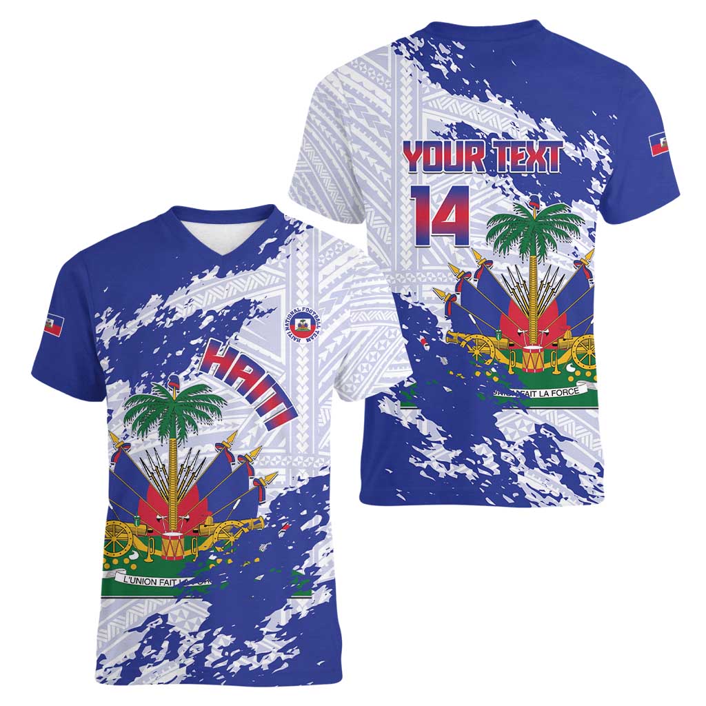 Custom Haiti Football Women V-Neck T-Shirt Les Grenadiers Blue Grunge Polynesian Tattoo - Wonder Print Shop