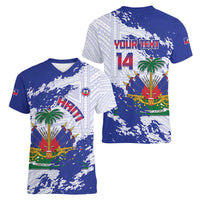 Custom Haiti Football Women V-Neck T-Shirt Les Grenadiers Blue Grunge Polynesian Tattoo - Wonder Print Shop