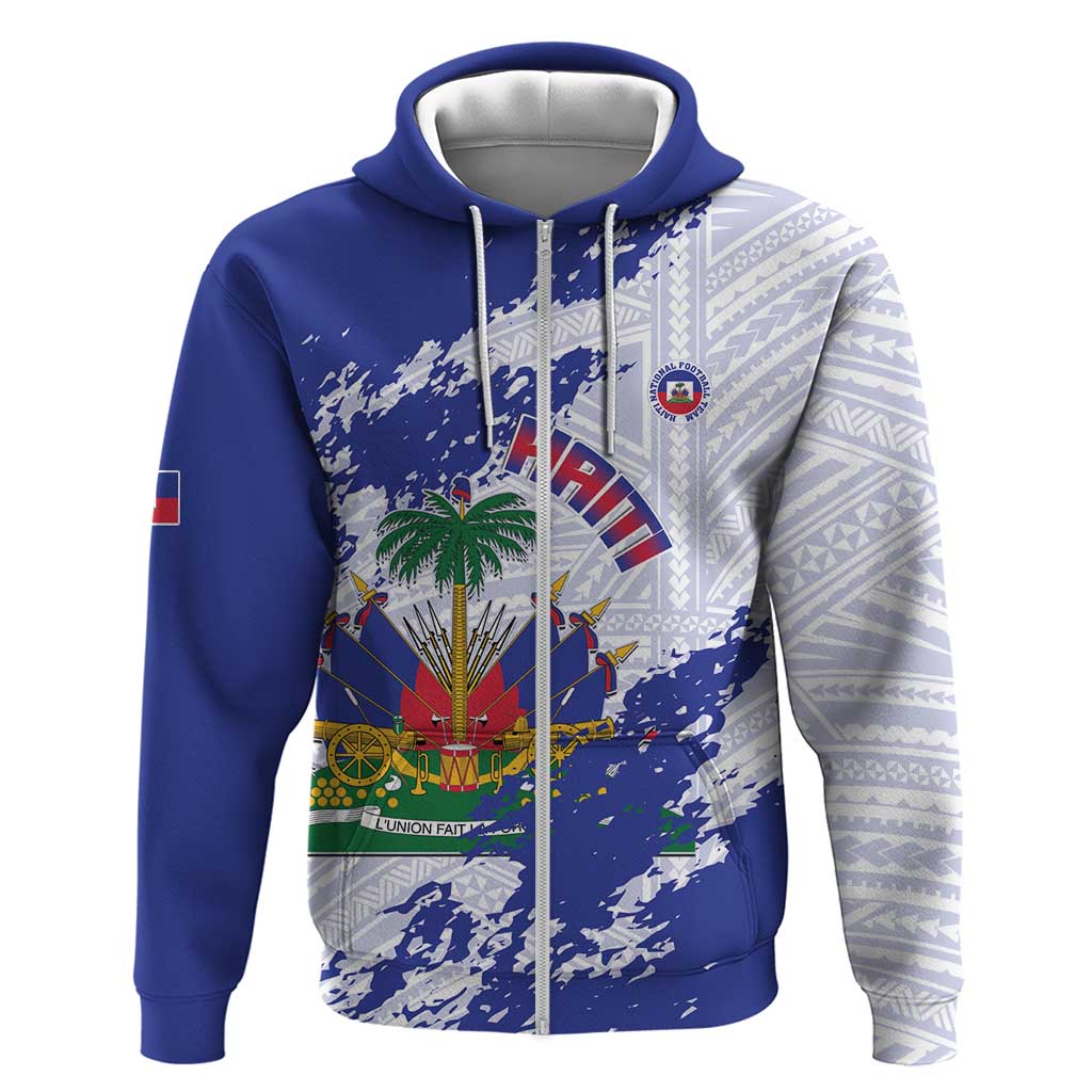 Custom Haiti Football Zip Hoodie Les Grenadiers Blue Grunge Polynesian Tattoo - Wonder Print Shop