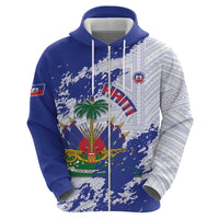 Custom Haiti Football Zip Hoodie Les Grenadiers Blue Grunge Polynesian Tattoo - Wonder Print Shop