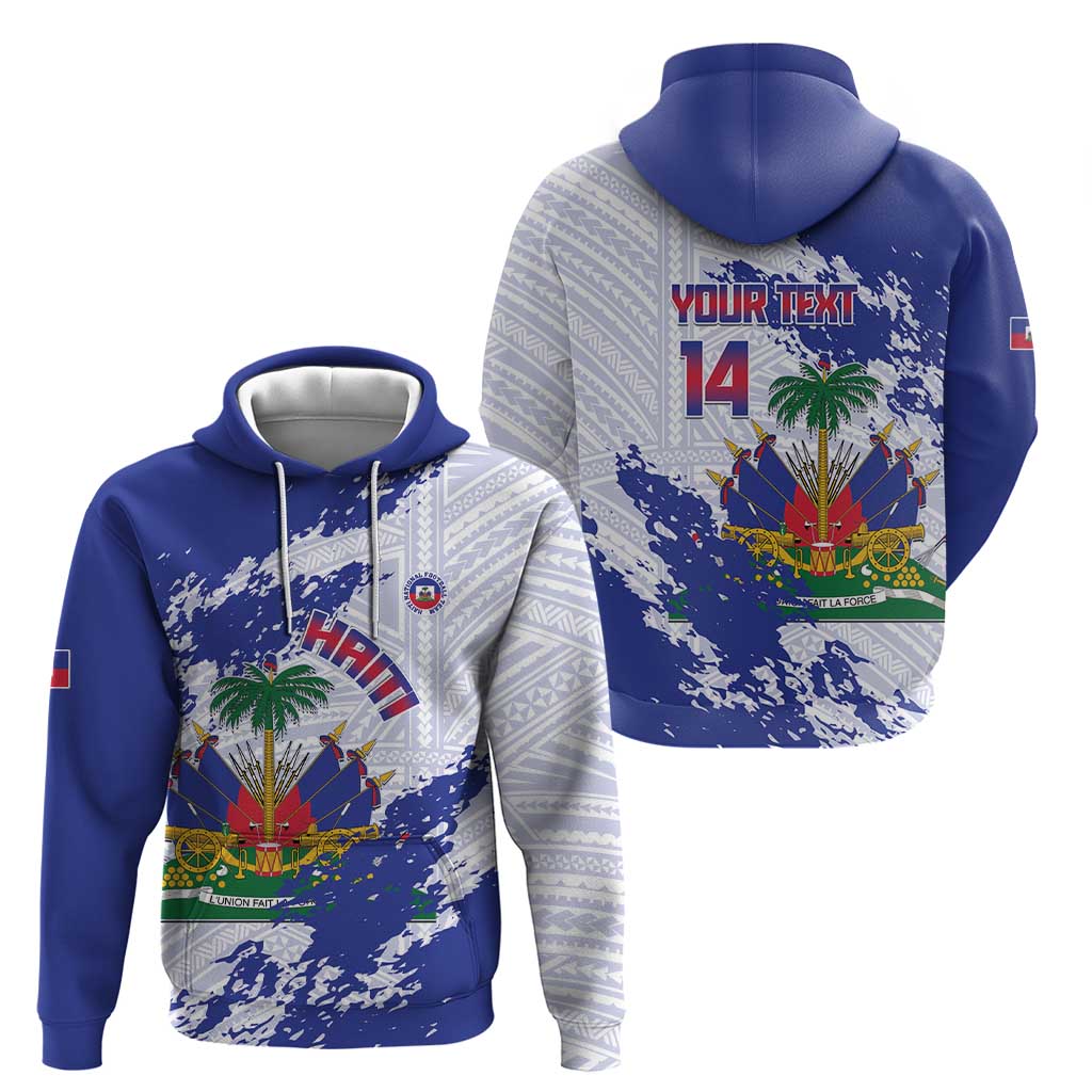 Custom Haiti Football Zip Hoodie Les Grenadiers Blue Grunge Polynesian Tattoo - Wonder Print Shop