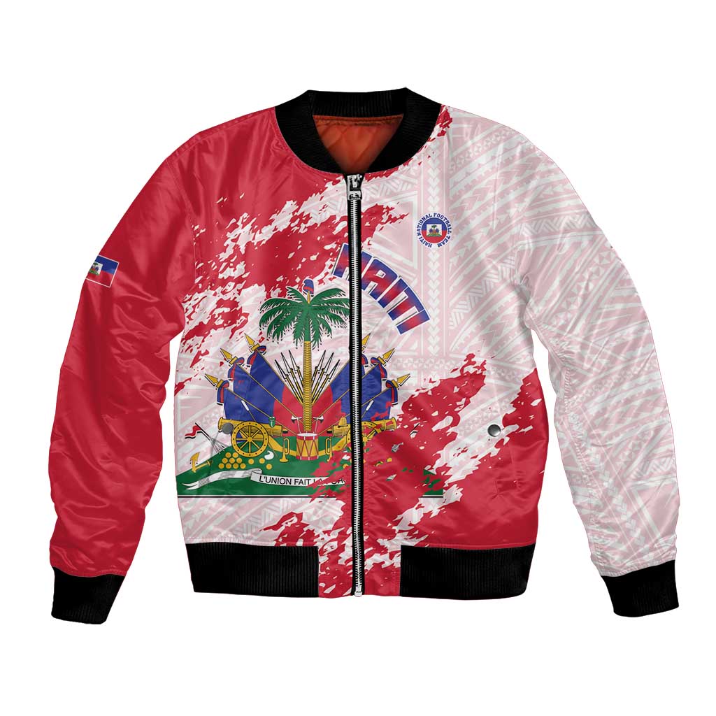 Custom Haiti Football Bomber Jacket Les Grenadiers Red Grunge Polynesian Tattoo - Wonder Print Shop