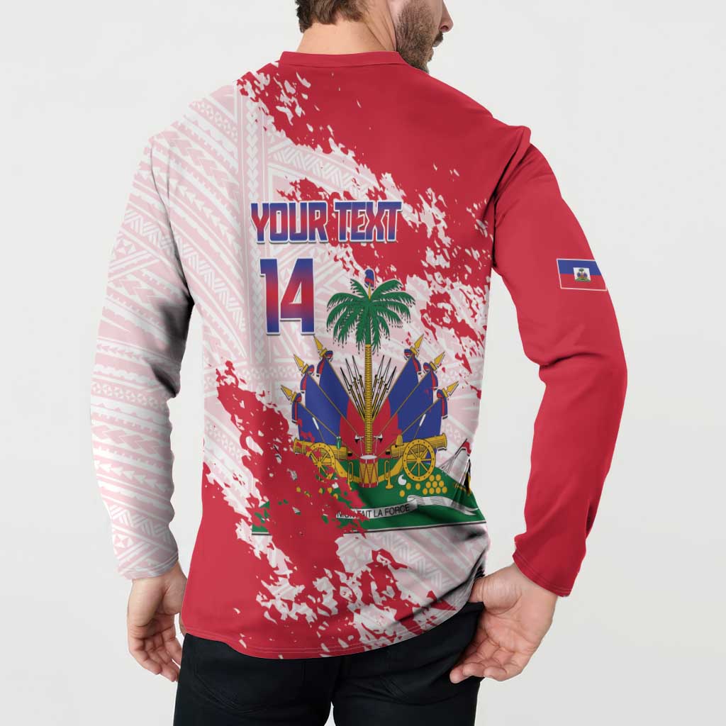 Custom Haiti Football Button Sweatshirt Les Grenadiers Red Grunge Polynesian Tattoo - Wonder Print Shop
