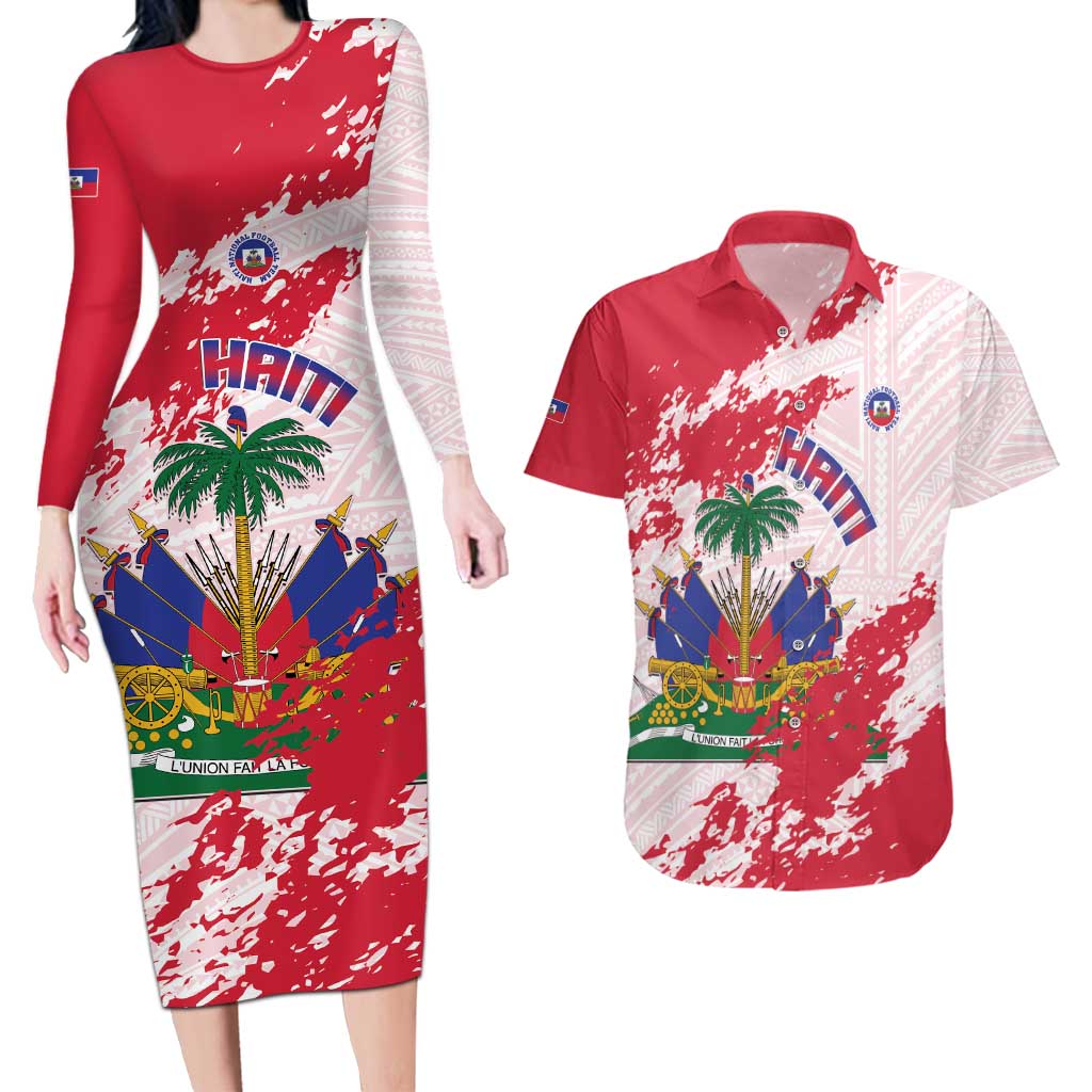Custom Haiti Football Couples Matching Long Sleeve Bodycon Dress and Hawaiian Shirt Les Grenadiers Red Grunge Polynesian Tattoo - Wonder Print Shop