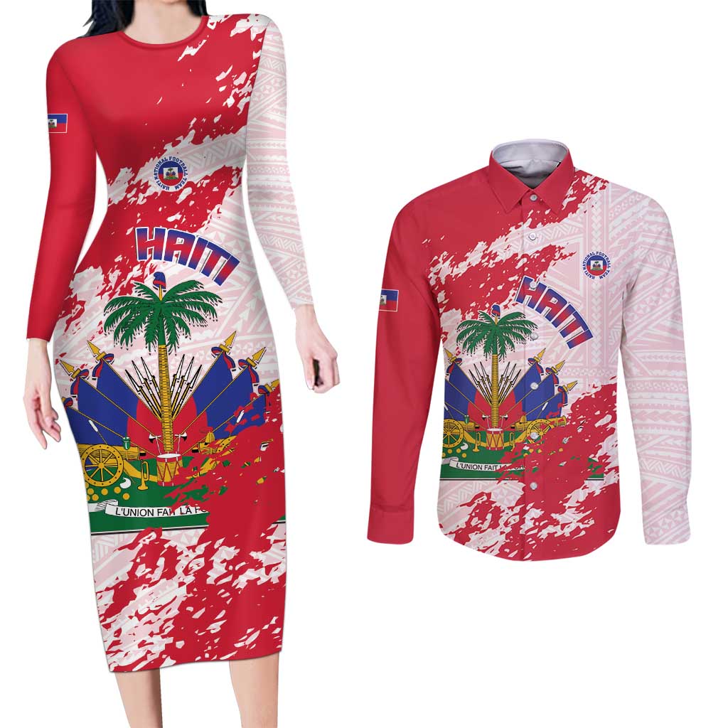 Custom Haiti Football Couples Matching Long Sleeve Bodycon Dress and Long Sleeve Button Shirt Les Grenadiers Red Grunge Polynesian Tattoo - Wonder Print Shop
