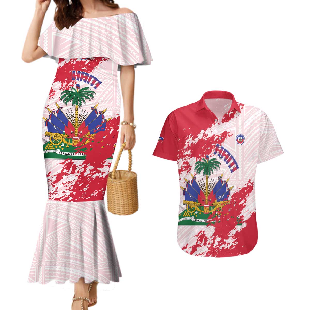 Custom Haiti Football Couples Matching Mermaid Dress and Hawaiian Shirt Les Grenadiers Red Grunge Polynesian Tattoo - Wonder Print Shop